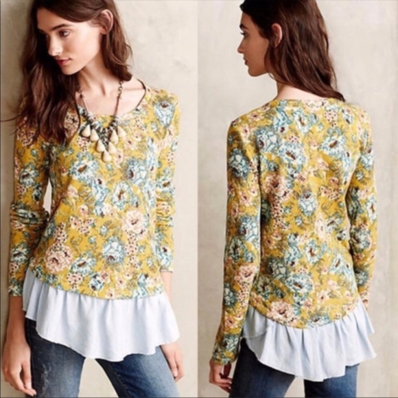 Anthropologie Sweaters - ANTHRO LILKA Yellow Goldenrod Floral Layered Top M